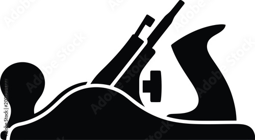 Schilderij op canvas Black silhouette of hand plane woodworking tool on transparent checkered background for carpentry and craft