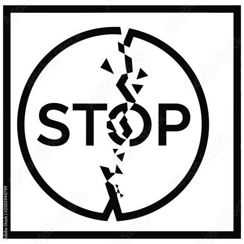 Broken stop sign icon with a vertical crack, symbolizing failure or a forced