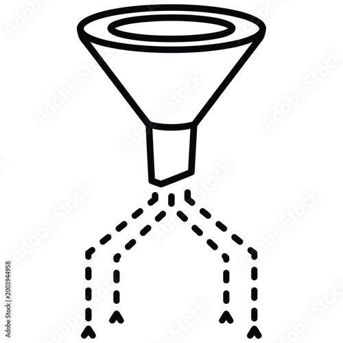 Funnel separating and distributing data outline icon with separate, distribute