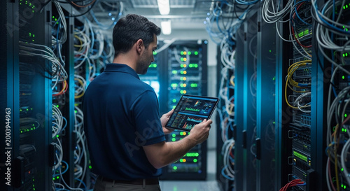 IT Technician Using Tablet in Modern Data Center - Network Management, Server Maintenance & Digital Infrastructure Support young man with laptop