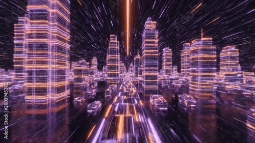 A futuristic cityscape with glowing lines and buildings, representing a digital world and technological advancement, with a sense of speed