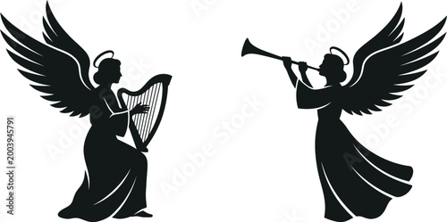 Schilderij op canvas Christmas angel silhouettes set, angels playing harp and trumpet vector