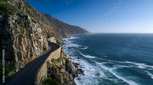 Dramatic South African Coast Road Winds Along Cliffs Above Azure Atlantic Ocean Waves