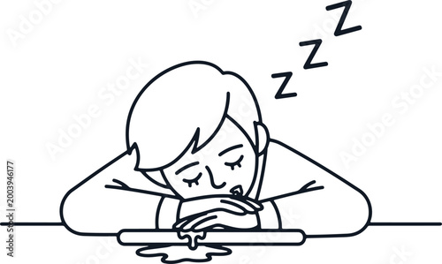 Tired person sleeping on desk with drool falling concept exhaustion hard work.