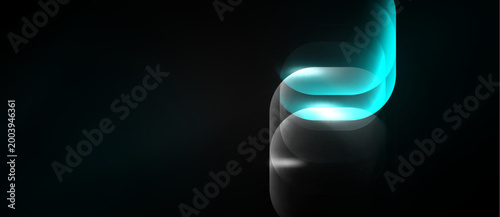 Abstract glowing shapes, teal hues dominate dark background. Smooth curves create dynamic visual effect. Minimalist design.