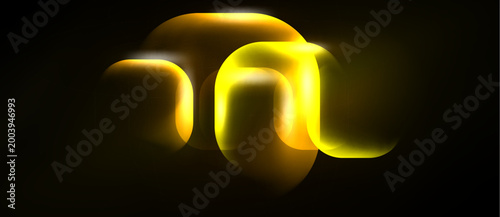 Abstract golden light shapes flow, creating dynamic curves. Dark background emphasizes luminosity, suggesting energy, motion.