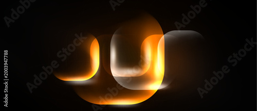 Abstract neon shapes overlap, creating glowing orange light effect against dark background. Smooth curves suggest movement, energy.