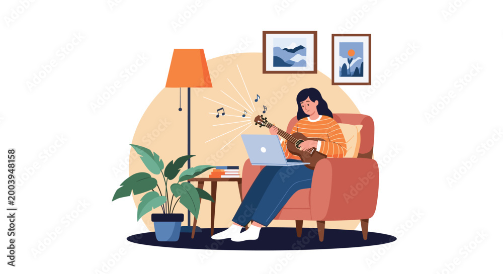 Fototapeta premium Young girl sits comfortably in an armchair while learning to play the ukulele using an online tutorial on her laptop at home.