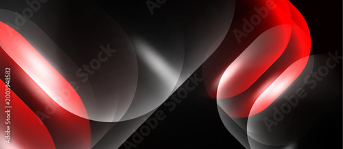 Abstract design features flowing red, gray shapes against black background. Smooth curves create dynamic visual effect. Modern, elegant composition.
