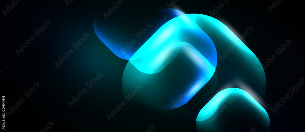 Naklejka premium Abstract shapes, glowing blue hues, dark background. Soft light creates fluid forms, modern design elements present.