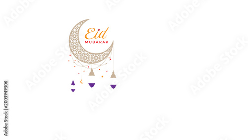 Eid Mubarak Festive Illustration: A captivating illustration featuring a beautifully crafted crescent moon, adorned with intricate patterns and glowing lanterns.