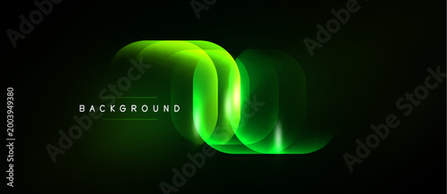 Abstract green waves form dynamic shape. Dark background enhances glowing effect, creating modern visual. Simple text label present.