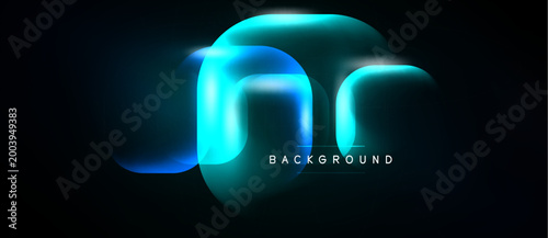 Abstract neon shapes overlap, creating luminous effect. Dark background emphasizes vibrant blue glow, modern design element.