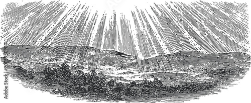 sun rays breaking through clouds over mountainous landscape, vintage engraved illustration