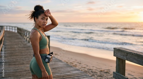 Young athletic woman wiping sweat after running on beach boardwalk at sunrise.