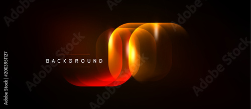 Abstract neon light shapes overlap, creating glowing effect. Dark background emphasizes vibrant orange, red hues. Modern design element.