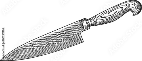 Vintage chef knife engraving hand drawn kitchen tool with wooden handle and sharp blade illustration