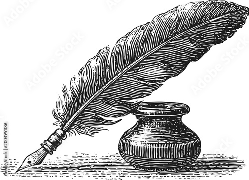 Vintage quill pen and inkwell engraved drawing old fashioned writing tool for calligraphy and manuscript illustration
