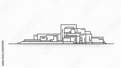 2D AutoCAD drawing of buildings on hillside landscape
