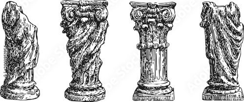 Ancient classical architectural columns and sculptures with detailed ornate carvings and draped statues
