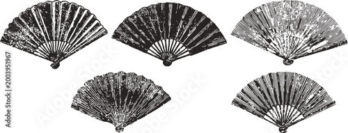 Vintage hand fan collection five antique folding fans with decorative patterns and textures