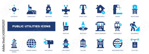 Public utilities icon set. infrastructure, service, energy, water, transportation. solid style icon collection.