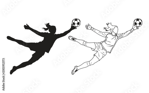 Action-packed vector of a female soccer goalkeeper diving to save the ball. Includes black silhouette and line art outline versions. Perfect for sports logos and graphic design.