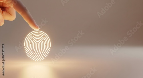 Close-up of a human finger touching a glowing digital fingerprint icon representing biometric security and identity verification