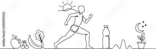 Healthy Lifestyle Continuous Line Art Runner Wellness Routine Concept