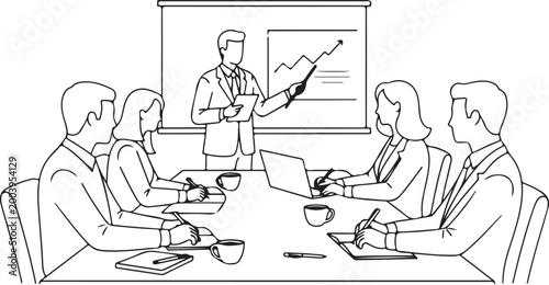 Business Presentation Meeting with Growth Chart Line Art Illustration