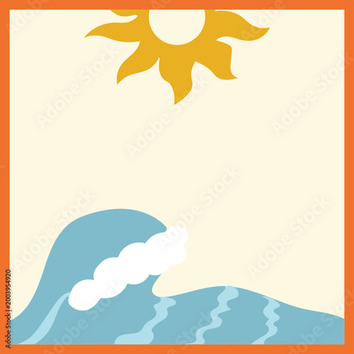 Summer Ocean Waves Sun Background Template With Orange Frame And Minimal Sea Illustration