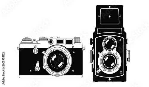 Foto A detailed black and white illustration showcases two vintage rangefinder camera