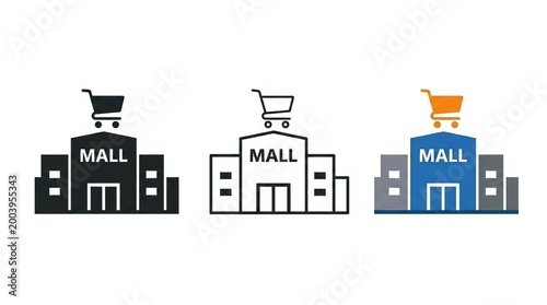 Modern shopping mall icons with carts, representing retail and commerce