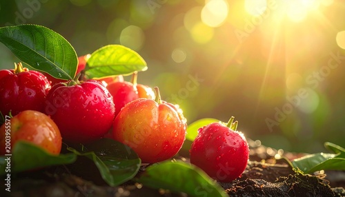 Vibrant and juicy acerola cherries glow brightly, bathed in warm golden sunlight, highlighting their fresh, healthy, and tropical essence amidst lush green foliage in a natural outdoor setting