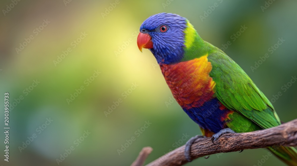 Fototapeta premium A vibrant lorikeet perched on a branch, showcasing a mix of bright colors against a blurred backdrop