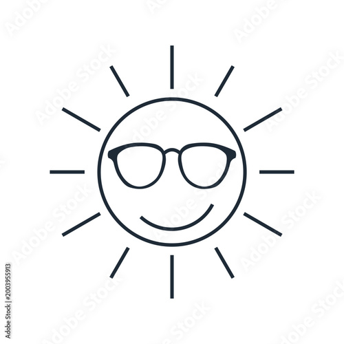 A smiling sun wearing sunglasses with rays. Positive emotions, a great mood.Vector linear icon illustration isolated on white background.