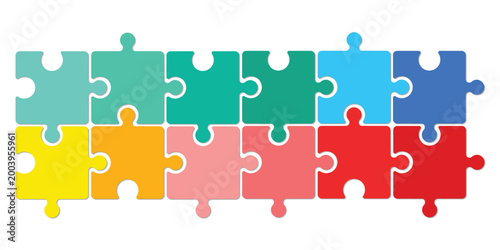 Flat vector icon of 12 jigsaw pieces. Jigsaw pieces symbol. Jigsaw on white background. Vector illustration.	