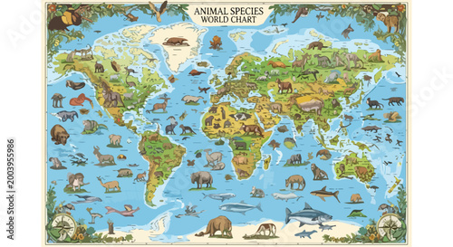 Vintage animal species world chart vector, educational wildlife map with global fauna, antique style biological atlas for classroom decor