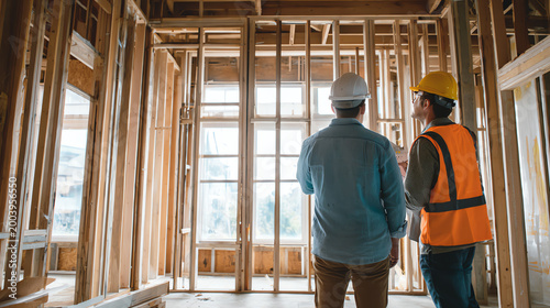Two construction workers discuss plans in an unfinished building, showcasing teamwork and project development.