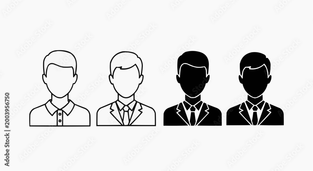 Fototapeta premium Set of male user profile icons and avatar silhouettes in flat vector style