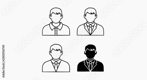 Set of male user profile icons and avatar silhouettes in flat vector style
