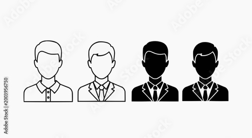 Set of male user profile icons and avatar silhouettes in flat vector style