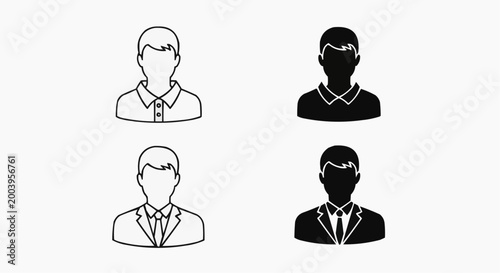 Set of male user profile icons and avatar silhouettes in flat vector style