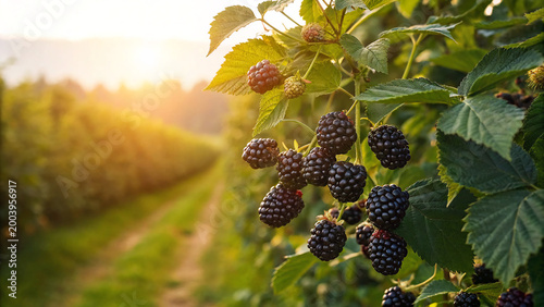 Blackberries grow on bushes in a field during sunset with golden light surrounding the area