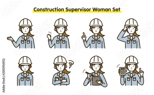 作業服とブラウスの女性技術者・イラスト8ポーズセット｜ヘルメット・案内・点検・報告