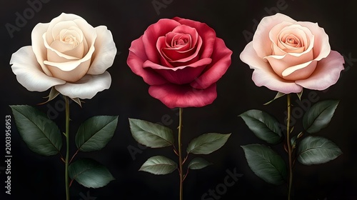 Three roses in different colors facing the viewer against a dark background