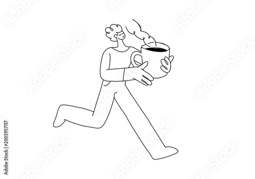A man running while holding a big coffee cup, Design for cafe delivery, morning rush, and energy.