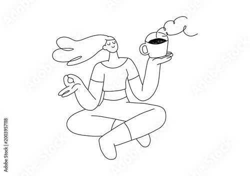 Simple line art vector illustration of a young woman meditating while holding a cup of coffee.