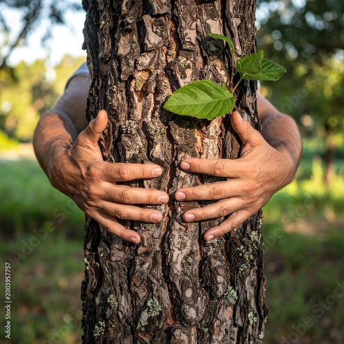Man's hands hugging the trunk of a tree. The concept of solitude with nature and preservation of trees
