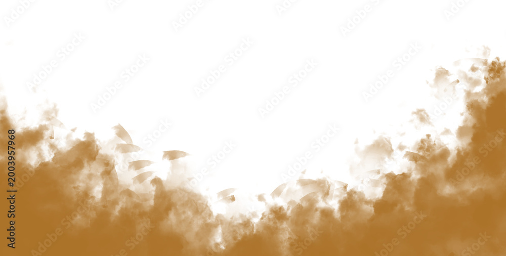 Obraz premium Realistic sand and dust cloud on transparent background. Brown smog, powder explosion, sandstorm effect. Brown Watercolor Smoke Fog Abstract Background — Earthy Grunge Brush Texture Banner on White
